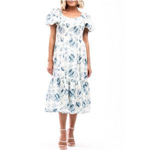 RACHEL PARCELL Puff Sleeve Midi Dress in Blue Floral